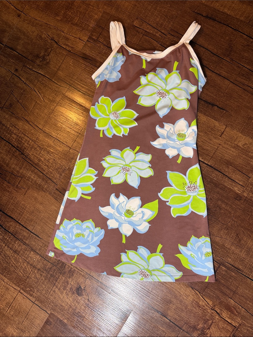 Woman’s  Brown Floral Tank Dress with Lime & Light Blue Flowers